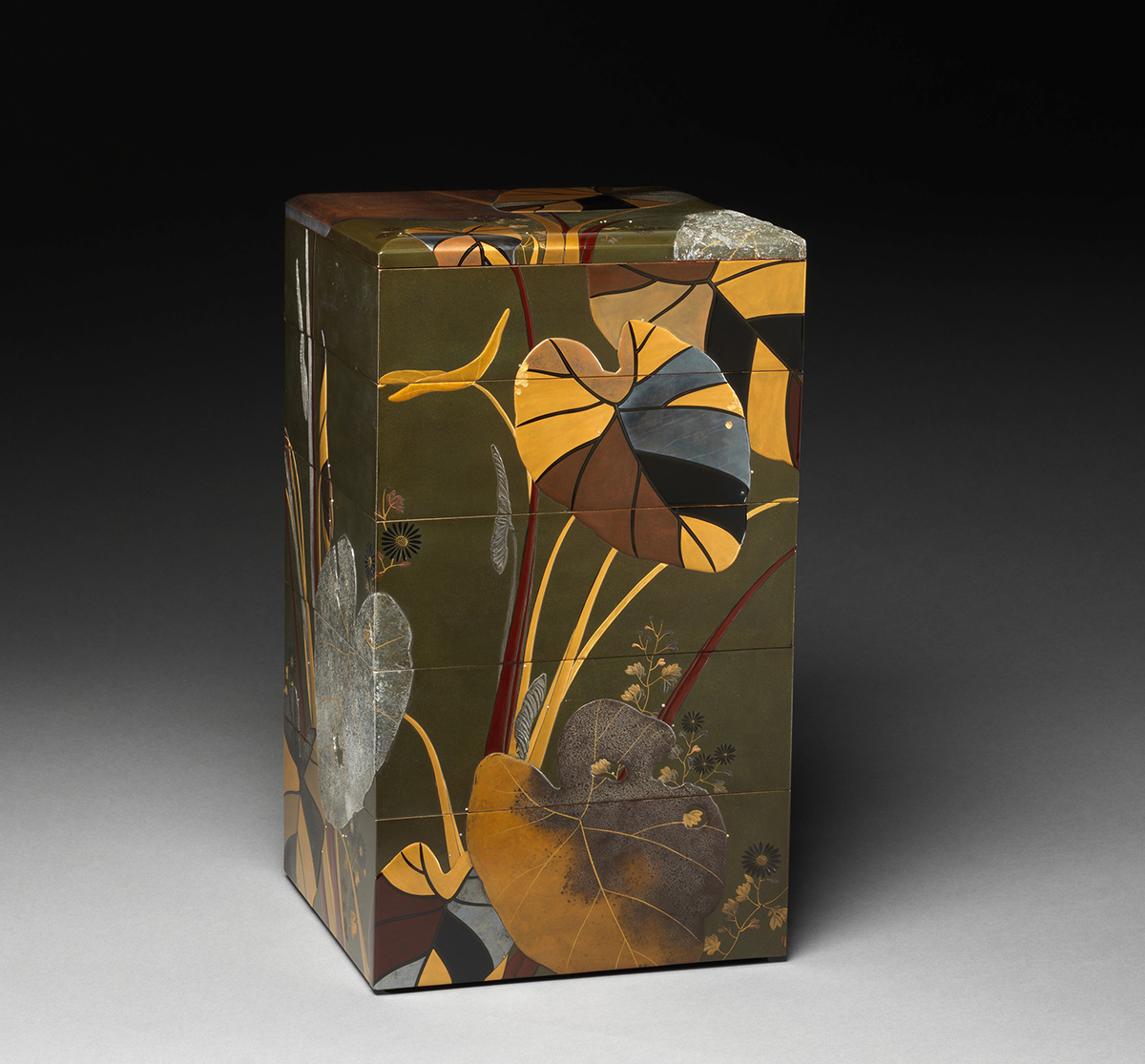 Stacked food box (jūbako) with Taro Plants and Chrysanthemums, mid-nineteenth century